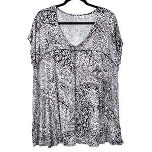 Artisan NY Womens Top Size 1X Black & White Paisley Design V-neck Babydoll VGUC